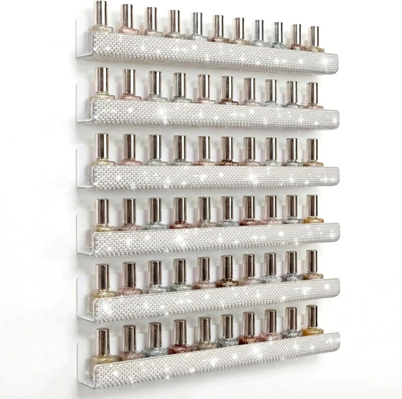 YMVV Nail Polish Wall Shelf - 15-Inch Pearls Diamond Crystal Display & Organizer Rack, Holds 60+ Polishes, Soft Ledge for Bedroom, Bathroom, Salon,6 Pack - Image 1